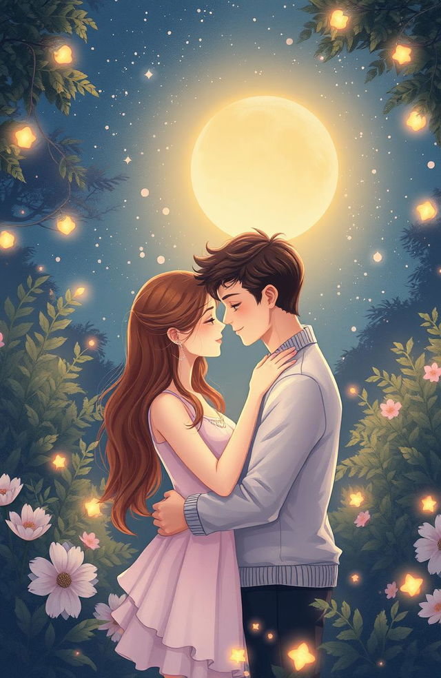 A soft romance illustration of two soulmates who are deeply in love, sharing an intimate moment under a starry night sky