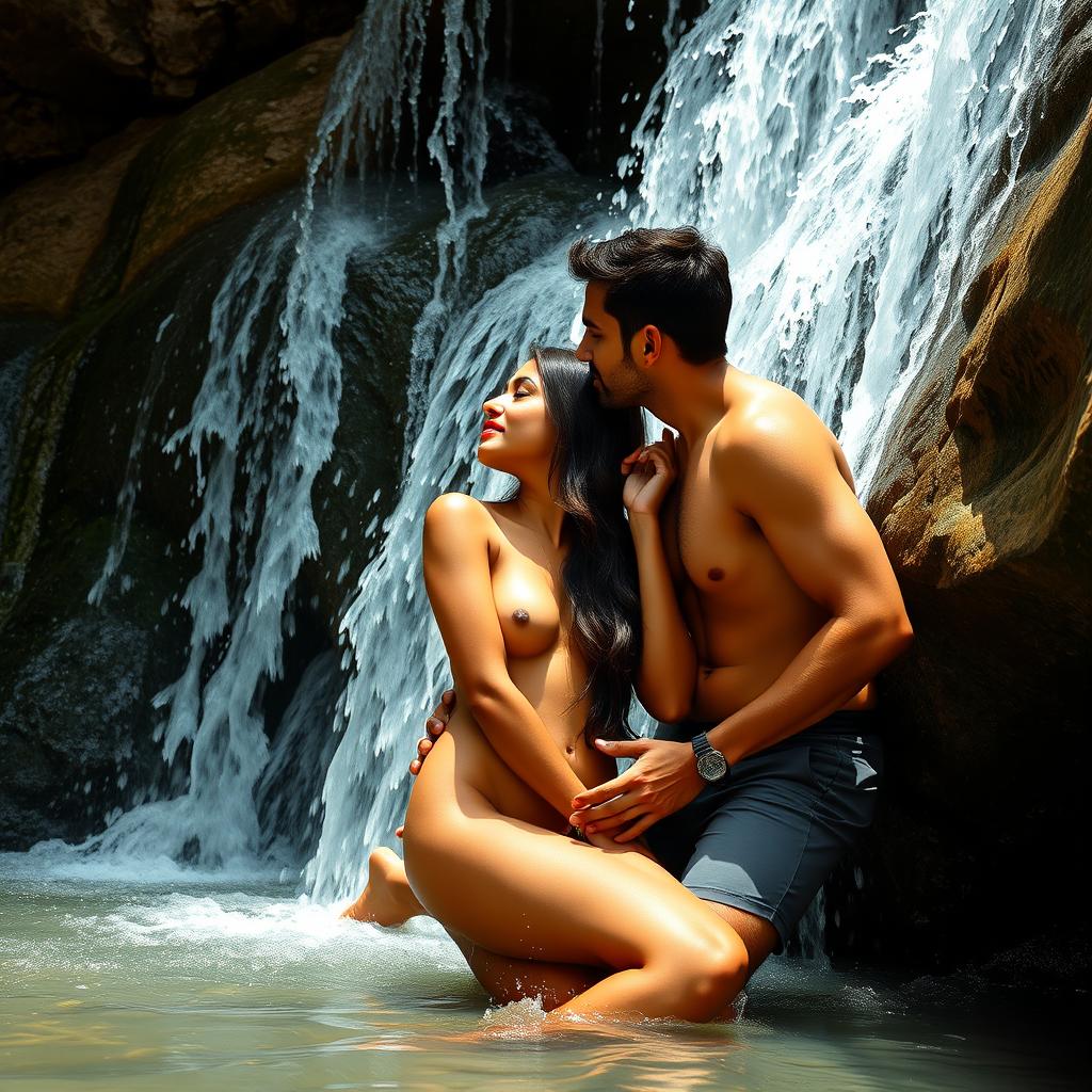 A romantic and intimate scene set under a picturesque waterfall, featuring a beautiful 18-year-old Pakistani girl depicted in a moment of passion with two men