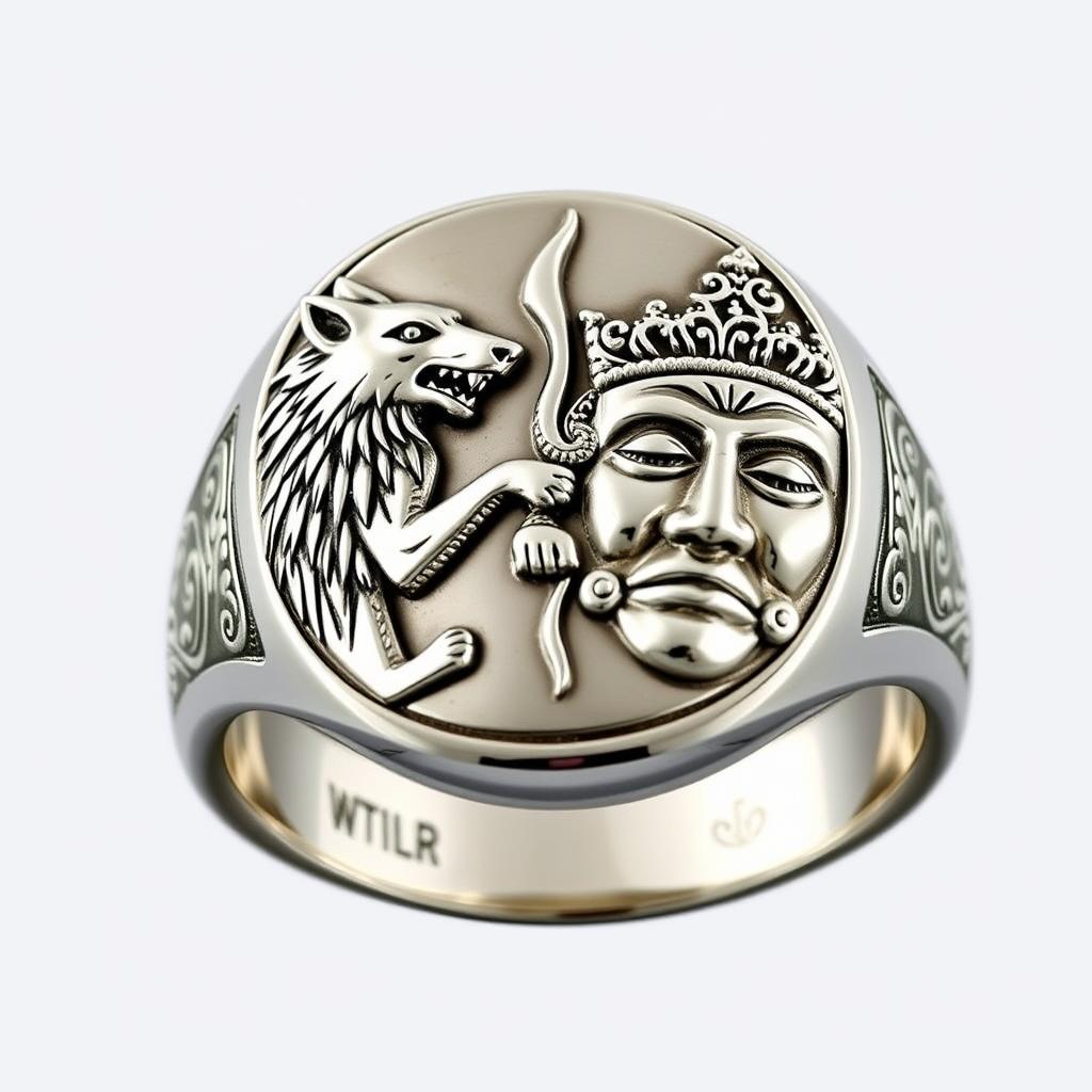 An exquisite signet ring featuring a double crest of two dynasties, split diagonally