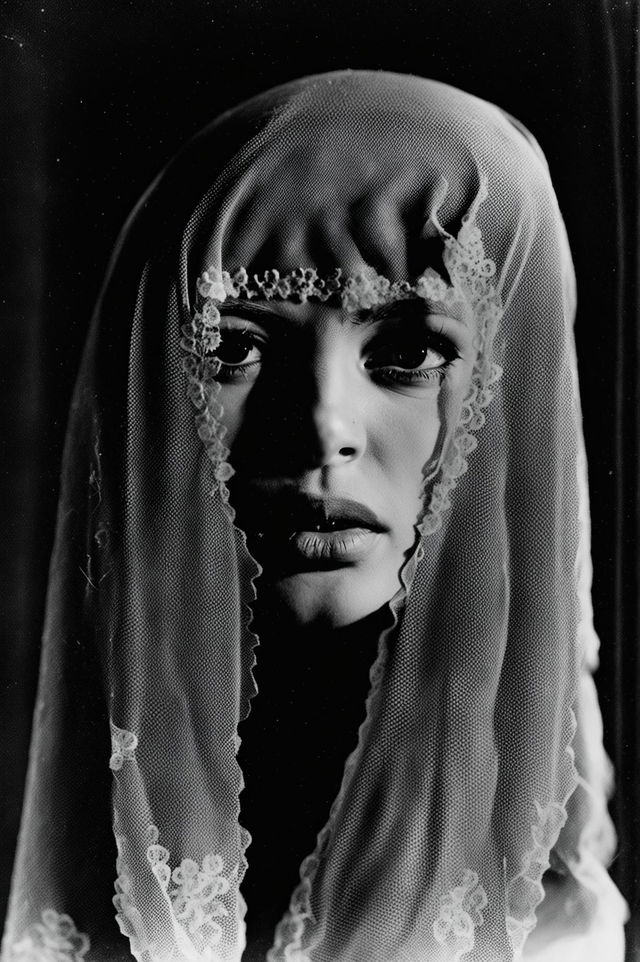 16k black and white photograph by Man Ray featuring a veiled woman with intense eyes against a blurred background.