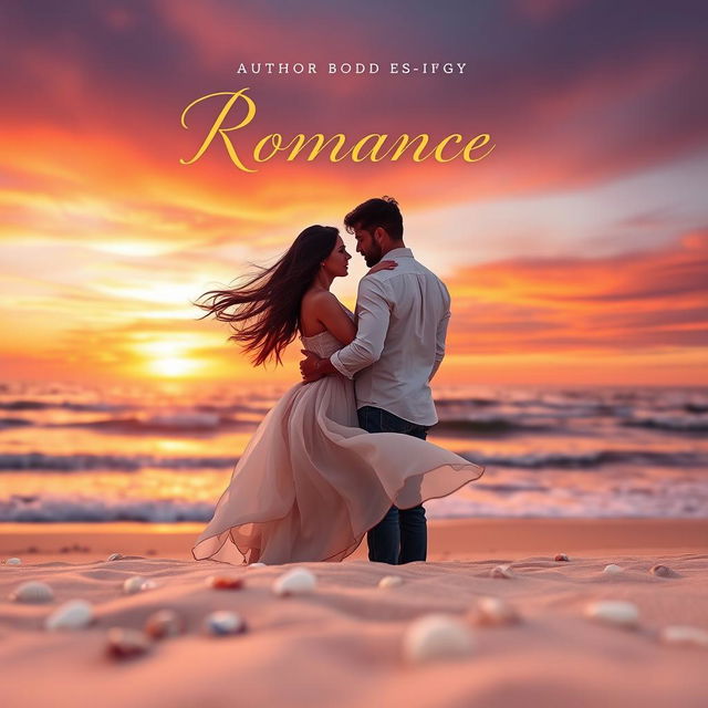 A captivating romance book cover featuring a serene sunset over a windswept beach, with two silhouettes of a couple embracing