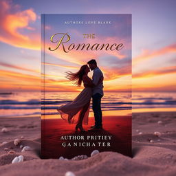 A captivating romance book cover featuring a serene sunset over a windswept beach, with two silhouettes of a couple embracing