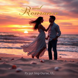 A captivating romance book cover featuring a serene sunset over a windswept beach, with two silhouettes of a couple embracing