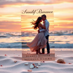 A captivating romance book cover featuring a serene sunset over a windswept beach, with two silhouettes of a couple embracing