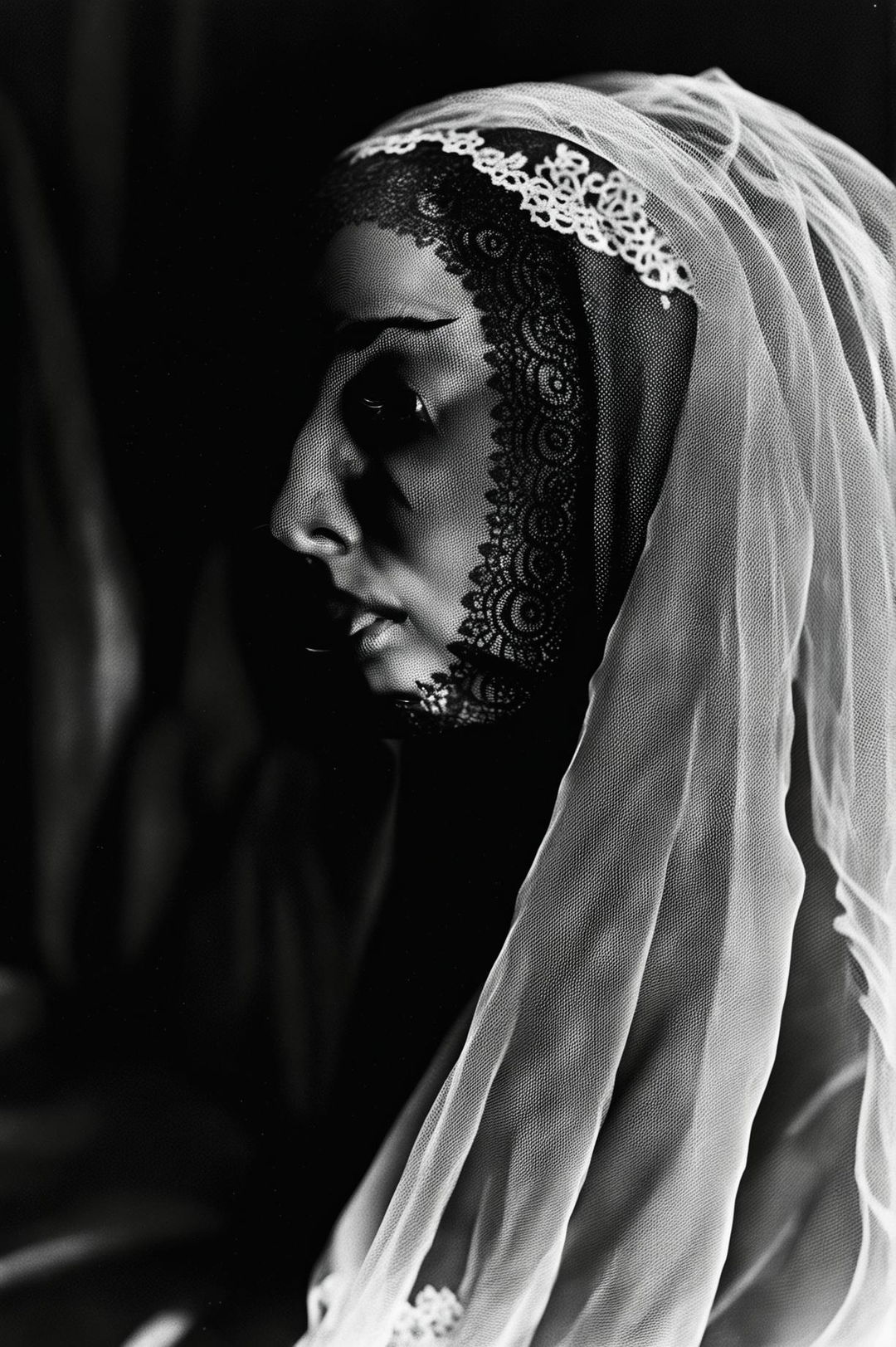 16k black and white photograph by Man Ray featuring a veiled woman in side profile with intense eyes against a blurred background under professional moody lighting