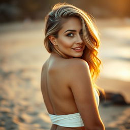 A slim woman with a mix of blonde and brunette hair, accentuating her attractive features