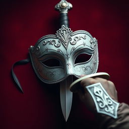 A delicate masquerade mask symbolizing the seductive role of Donna, set against a dark red background