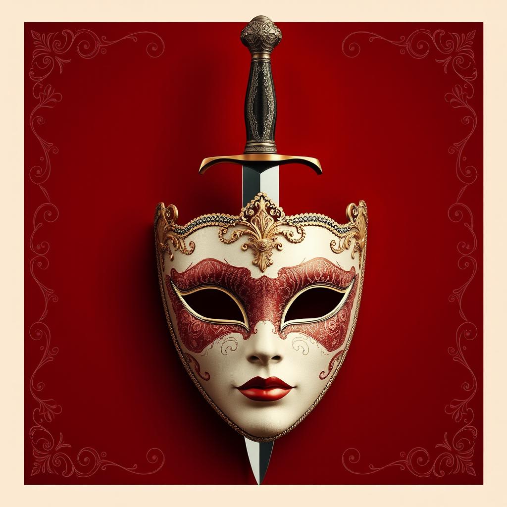 A delicate masquerade mask symbolizing the seductive role of Donna, set against a dark red background