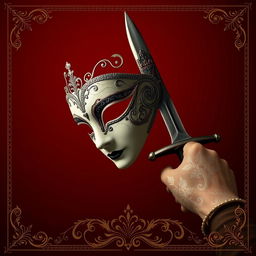 A delicate masquerade mask symbolizing the seductive role of Donna, set against a dark red background