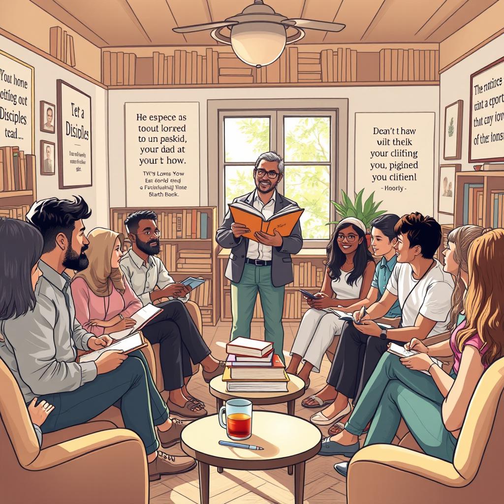 A compelling and educational scene illustrating the concept of discipleship, showing a diverse group of individuals gathered in a cozy, sunlit room filled with books and inspirational quotes on the walls