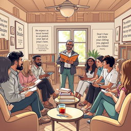 A compelling and educational scene illustrating the concept of discipleship, showing a diverse group of individuals gathered in a cozy, sunlit room filled with books and inspirational quotes on the walls