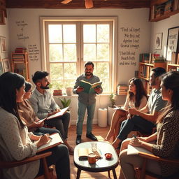 A compelling and educational scene illustrating the concept of discipleship, showing a diverse group of individuals gathered in a cozy, sunlit room filled with books and inspirational quotes on the walls