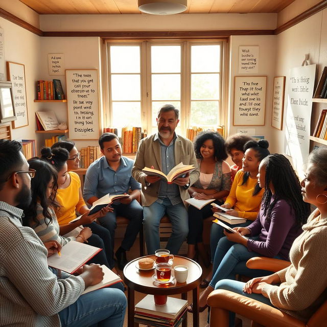 A compelling and educational scene illustrating the concept of discipleship, showing a diverse group of individuals gathered in a cozy, sunlit room filled with books and inspirational quotes on the walls