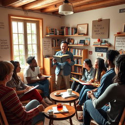 A compelling and educational scene illustrating the concept of discipleship, showing a diverse group of individuals gathered in a cozy, sunlit room filled with books and inspirational quotes on the walls