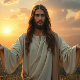 A serene and majestic portrayal of Jesus Christ, depicted with long flowing hair and a peaceful expression, wearing a traditional robe in soft white and faded earth tones