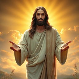 A serene and majestic portrayal of Jesus Christ, depicted with long flowing hair and a peaceful expression, wearing a traditional robe in soft white and faded earth tones