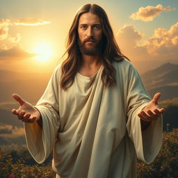 A serene and majestic portrayal of Jesus Christ, depicted with long flowing hair and a peaceful expression, wearing a traditional robe in soft white and faded earth tones