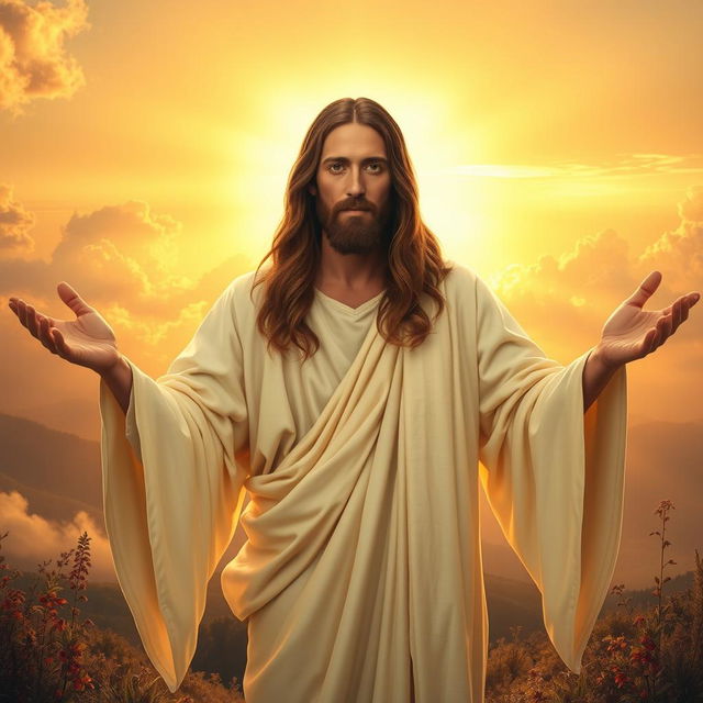 A serene and majestic portrayal of Jesus Christ, depicted with long flowing hair and a peaceful expression, wearing a traditional robe in soft white and faded earth tones