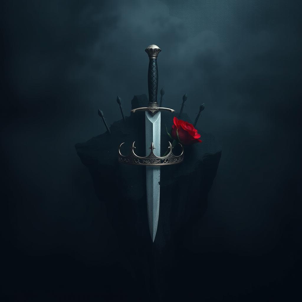 An isolated island surrounded by shadows, featuring a dagger, a damaged crown, and a red rose artistically intertwined