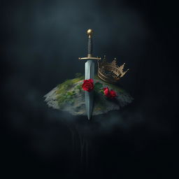 An isolated island surrounded by shadows, featuring a dagger, a damaged crown, and a red rose artistically intertwined