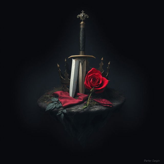 An isolated island surrounded by shadows, featuring a dagger, a damaged crown, and a red rose artistically intertwined