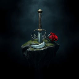 An isolated island surrounded by shadows, featuring a dagger, a damaged crown, and a red rose artistically intertwined