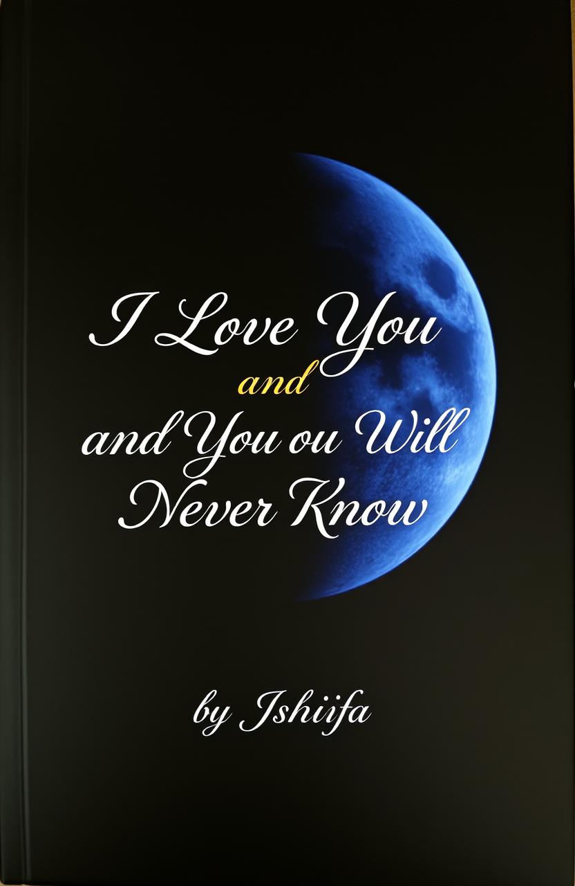 A book cover featuring a dark, black background with a hauntingly beautiful half dark blue moon prominently displayed