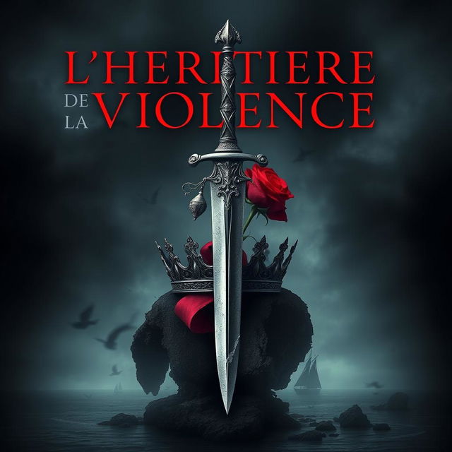 A book cover design for "L'Héritière de la Violence" featuring a dark and dramatic background