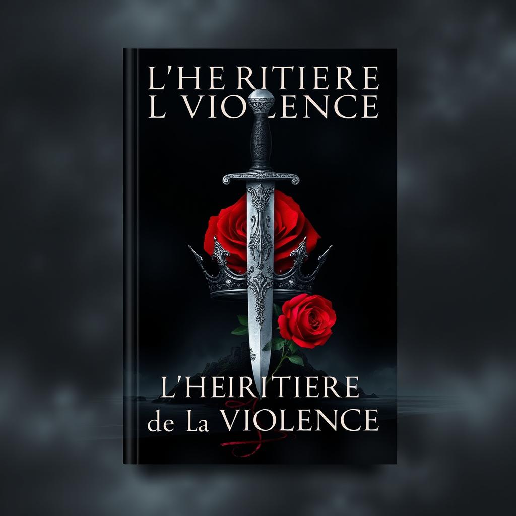 A book cover design for "L'Héritière de la Violence" featuring a dark and dramatic background