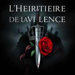 A book cover design for "L'Héritière de la Violence" featuring a dark and dramatic background