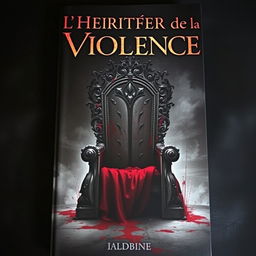 A striking book cover for 'L'Héritière de la Violence', featuring an imposing throne that is drenched in blood, with visible signs of struggle such as scratches and stains on the throne and surrounding area