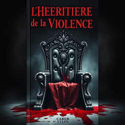 A striking book cover for 'L'Héritière de la Violence', featuring an imposing throne that is drenched in blood, with visible signs of struggle such as scratches and stains on the throne and surrounding area
