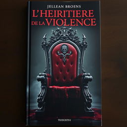 A striking book cover for 'L'Héritière de la Violence', featuring an imposing throne that is drenched in blood, with visible signs of struggle such as scratches and stains on the throne and surrounding area