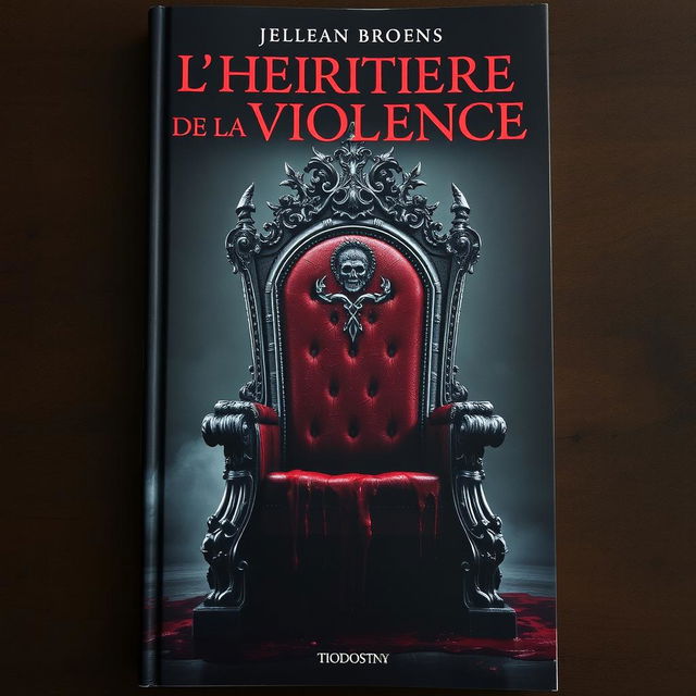 A striking book cover for 'L'Héritière de la Violence', featuring an imposing throne that is drenched in blood, with visible signs of struggle such as scratches and stains on the throne and surrounding area