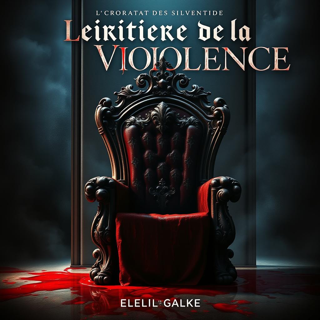 A striking book cover for 'L'Héritière de la Violence', featuring an imposing throne that is drenched in blood, with visible signs of struggle such as scratches and stains on the throne and surrounding area