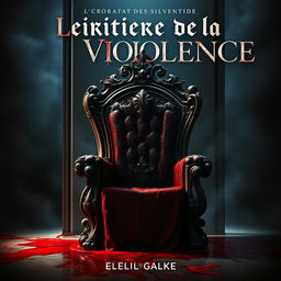 A striking book cover for 'L'Héritière de la Violence', featuring an imposing throne that is drenched in blood, with visible signs of struggle such as scratches and stains on the throne and surrounding area