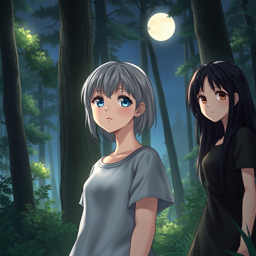 A realistic teenage girl with gray hair and blue eyes standing in a serene forest under the moonlight