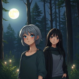 A realistic teenage girl with gray hair and blue eyes standing in a serene forest under the moonlight