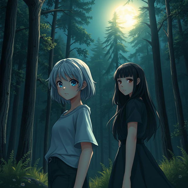 A realistic teenage girl with gray hair and blue eyes standing in a serene forest under the moonlight