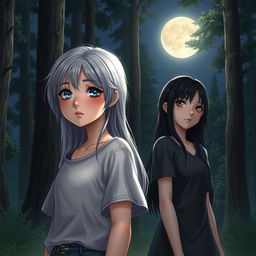 A realistic teenage girl with gray hair and blue eyes standing in a serene forest under the moonlight