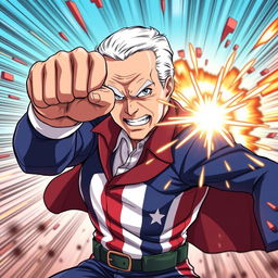 A heroic representation of Joe Biden depicted in the dynamic anime style of My Hero Academia, charging up for a powerful punch