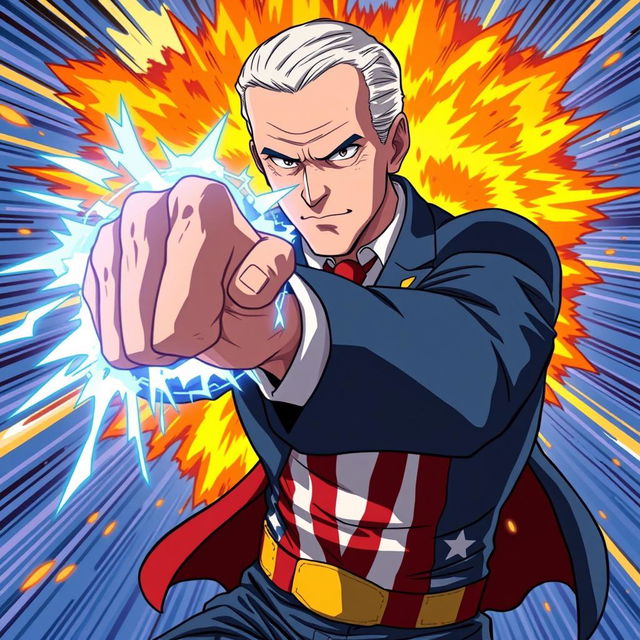 A heroic representation of Joe Biden depicted in the dynamic anime style of My Hero Academia, charging up for a powerful punch