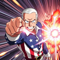 A heroic representation of Joe Biden depicted in the dynamic anime style of My Hero Academia, charging up for a powerful punch