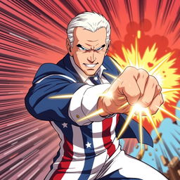 A heroic representation of Joe Biden depicted in the dynamic anime style of My Hero Academia, charging up for a powerful punch