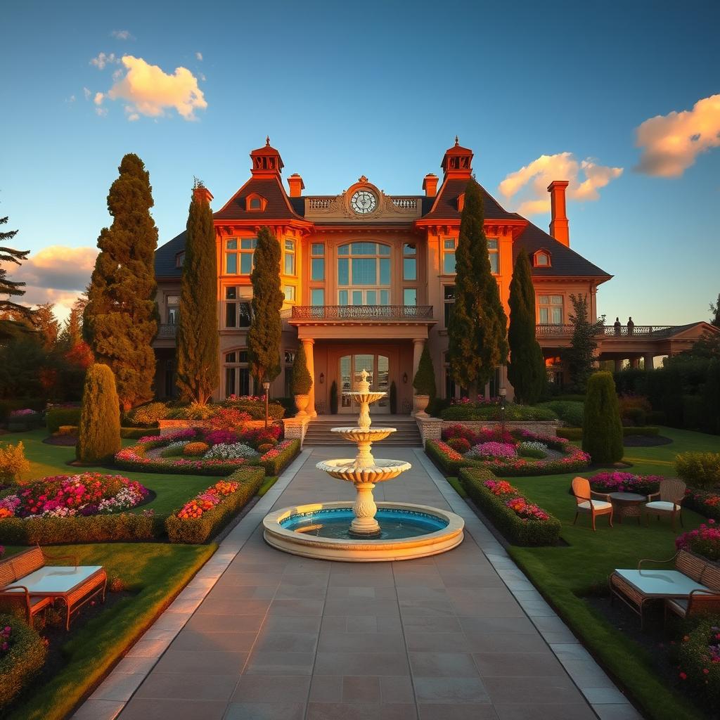 A stunning and opulent mansion set in a picturesque landscape, featuring grand architecture with large windows, a luxurious entrance with double doors, manicured gardens filled with colorful flowers, and a fountain at the center