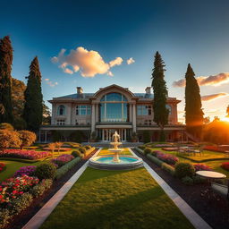 A stunning and opulent mansion set in a picturesque landscape, featuring grand architecture with large windows, a luxurious entrance with double doors, manicured gardens filled with colorful flowers, and a fountain at the center
