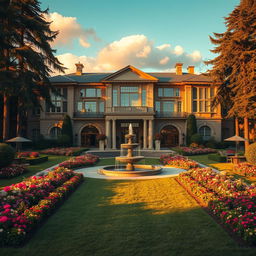 A stunning and opulent mansion set in a picturesque landscape, featuring grand architecture with large windows, a luxurious entrance with double doors, manicured gardens filled with colorful flowers, and a fountain at the center