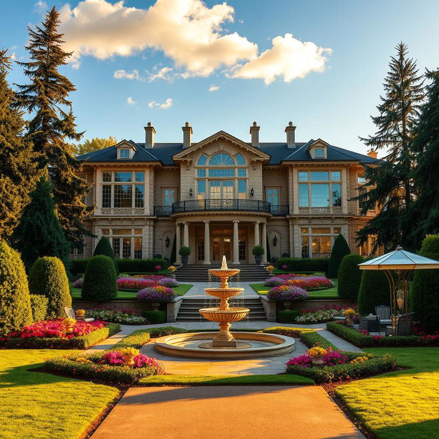 A stunning and opulent mansion set in a picturesque landscape, featuring grand architecture with large windows, a luxurious entrance with double doors, manicured gardens filled with colorful flowers, and a fountain at the center