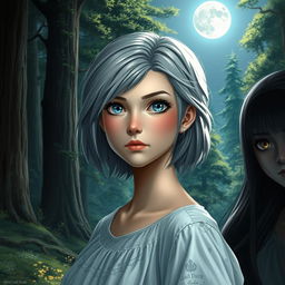 A realistic 17-year-old teenage girl with gray hair and striking blue eyes, quietly standing in a mystical forest under the soft glow of the moon