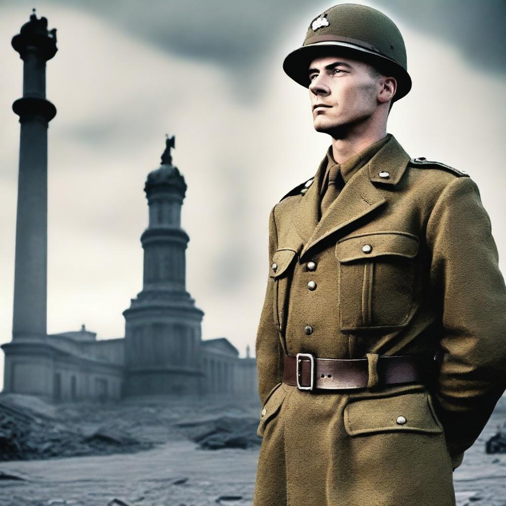 Generate an image of a 1943 German soldier in his uniform, standing tall with a backdrop of World War II era infrastructure.